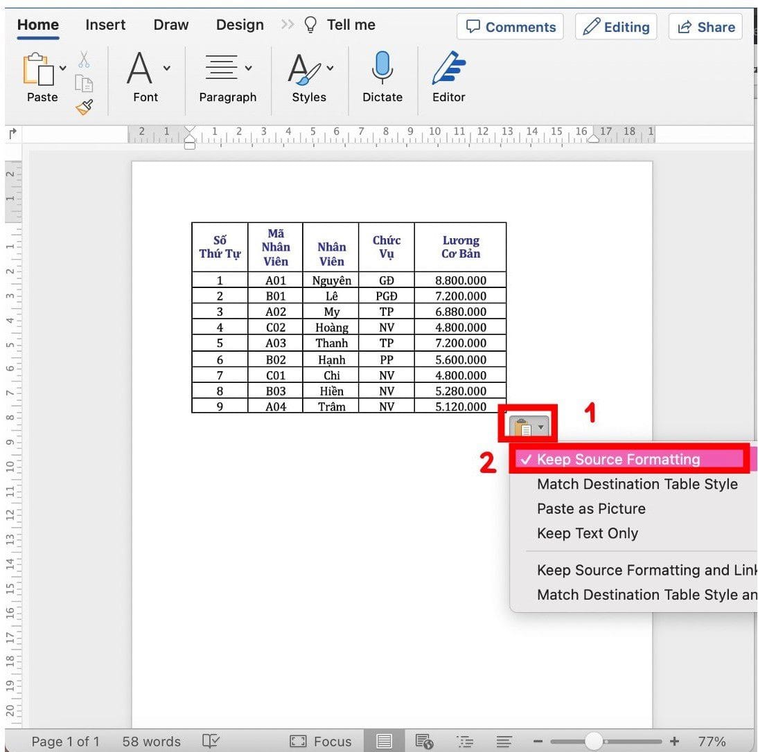 chuyển excel sang word