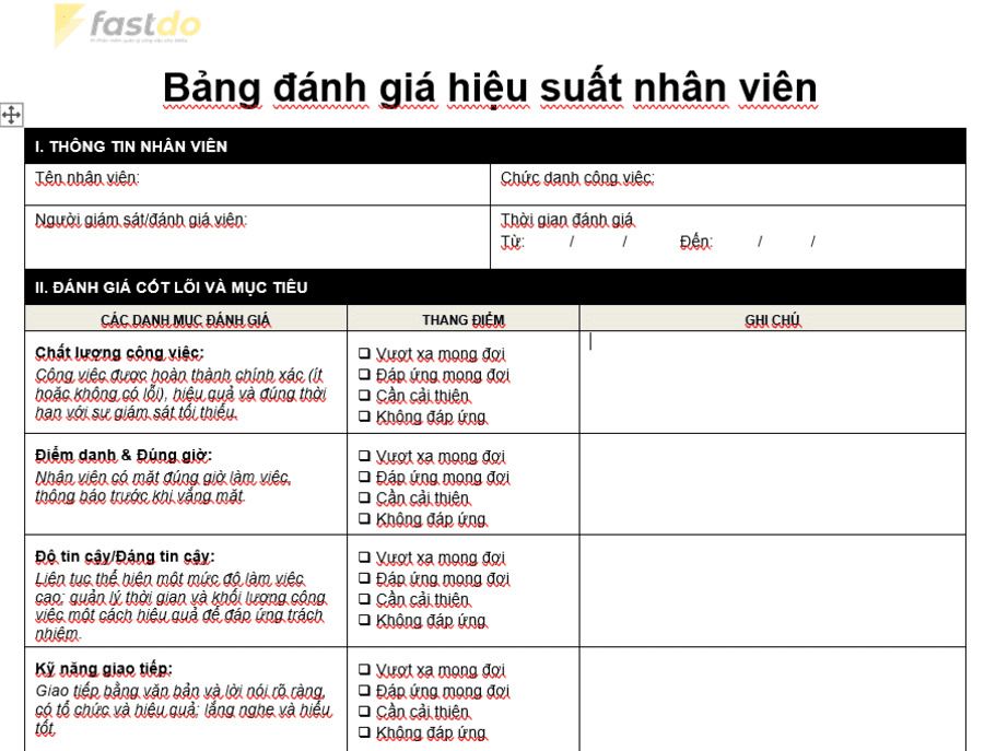 Bảng đánh giá nhân viên theo hiệu suất công việc