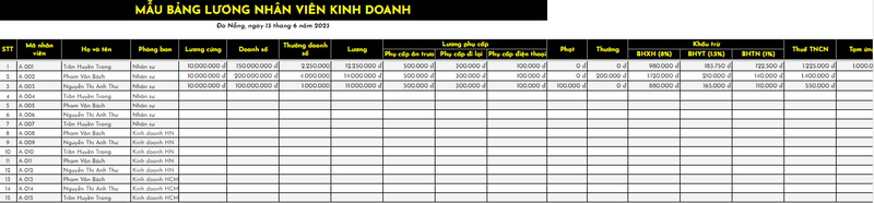 Mẫu phiếu lương cho nhân viên kinh doanh