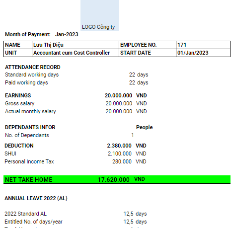 Bảng tính lương nhân viên Excel bằng Tiếng Anh