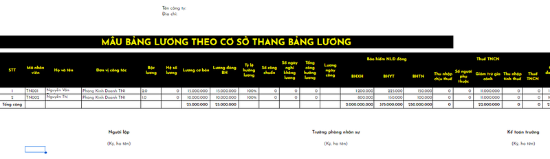 Mẫu bảng lương theo bậc lương