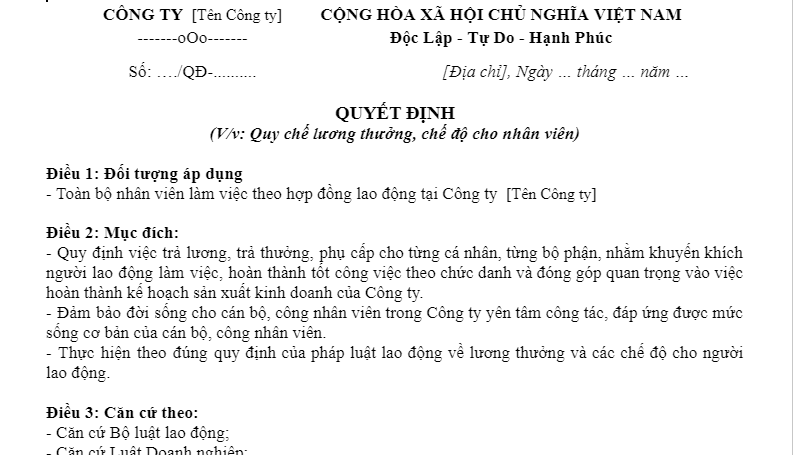 Mẫu quy chế lương thưởng số 4