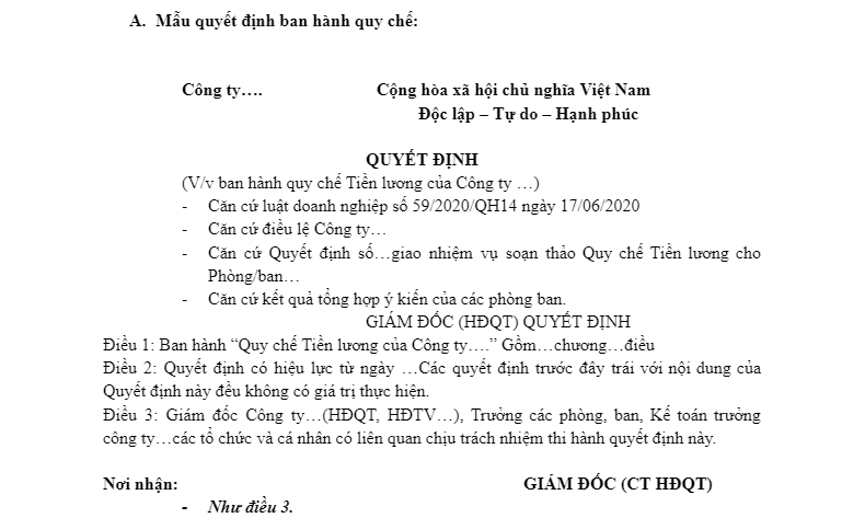 Mẫu quy chế lương thưởng số 5