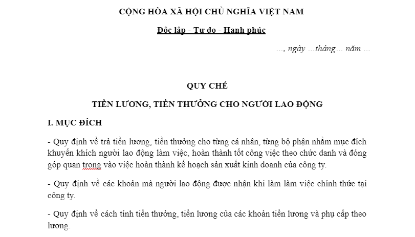 Mẫu quy chế lương thưởng số 8