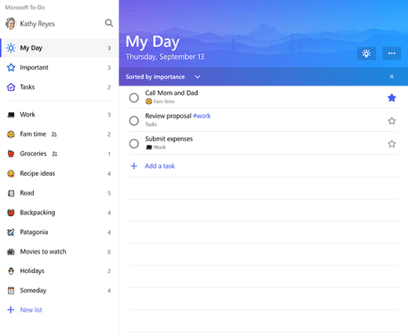 Giao diện App lập kế hoạch cá nhân Microsoft To Do