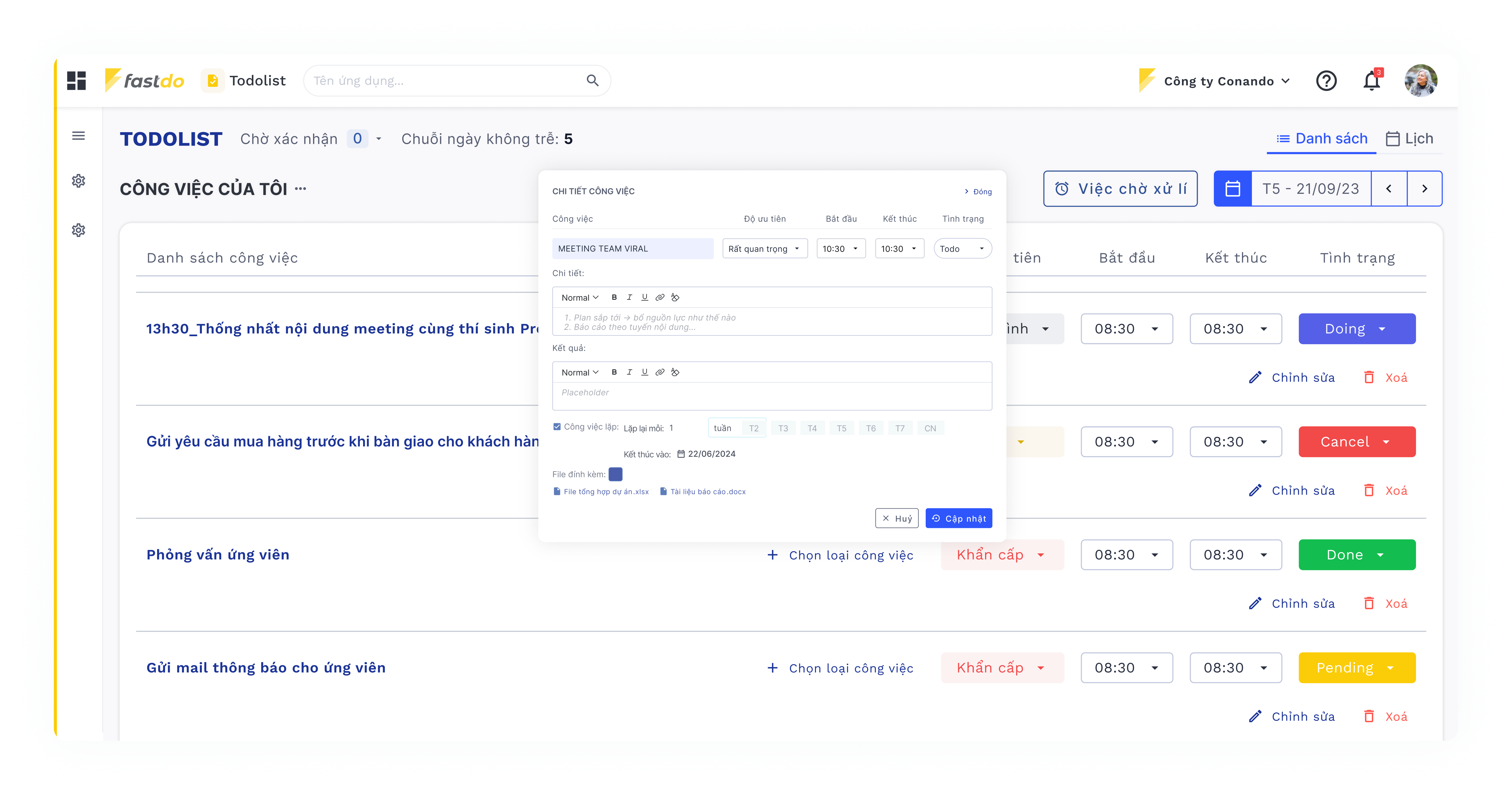 Giao diện phần mềm Todolist của Fastdo.vn