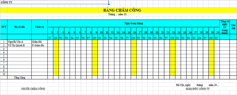 Mẫu bảng chấm công file Excel