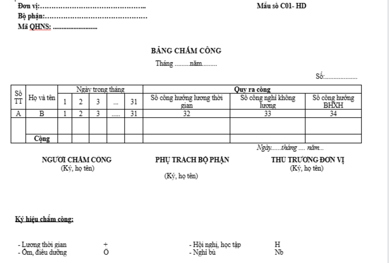 Bảng chấm công mẫu theo thông tư 177