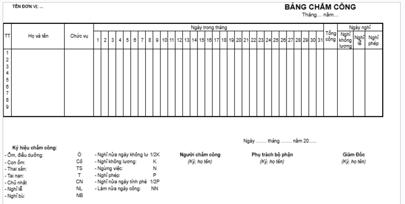 Mẫu bảng chấm công file Word