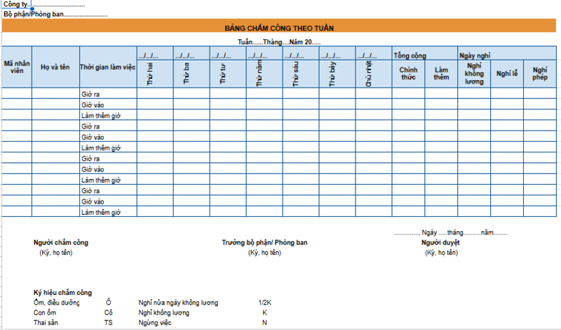 Bảng Excel chấm công theo tuần