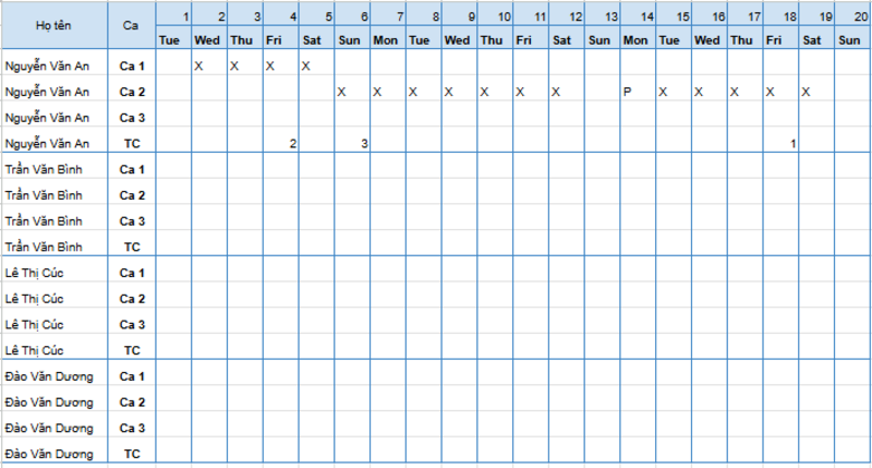 Bảng Excel chấm công theo ca