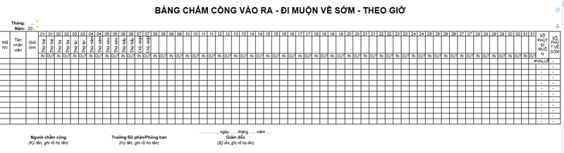 Mẫu bảng chấm công hàng ngày số 2