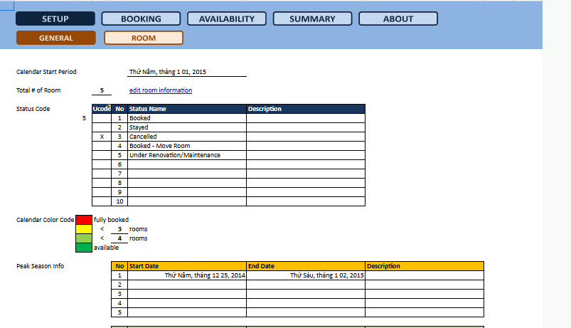 Mẫu file excel quản lý đặt trước phòng khách sạn