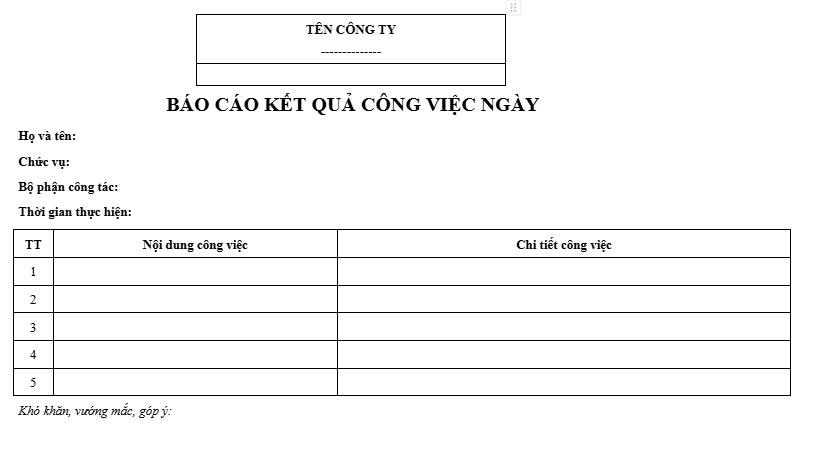 Mẫu báo cáo công việc hằng ngày