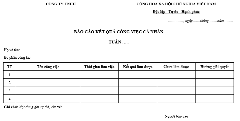 Mẫu báo cáo công việc hằng tuần số 3