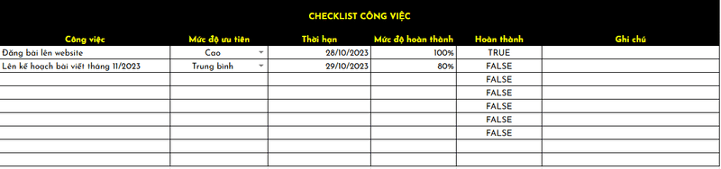 Bảng checklist công việc đơn giản