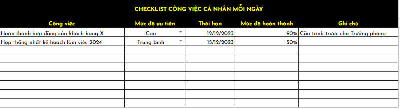 Form mẫu checklist công việc cá nhân mỗi ngày