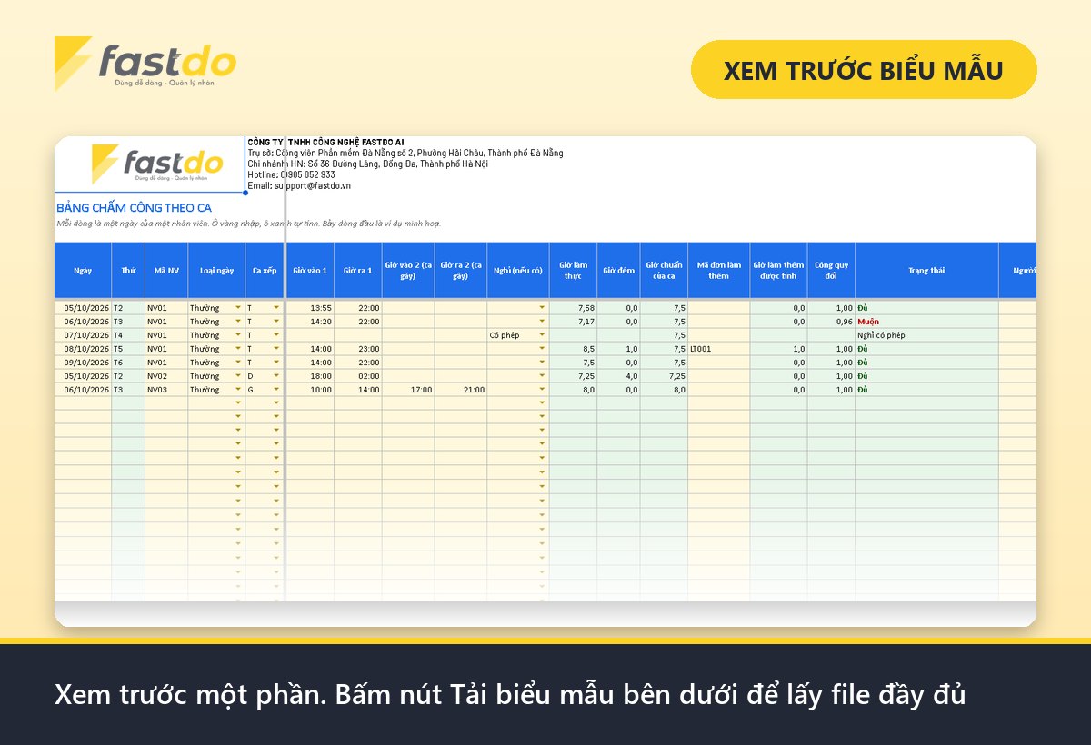 cách chấm công theo ca: xem trước bảng chấm công theo ca Fastdo (tải file đầy đủ ở nút bên dưới)