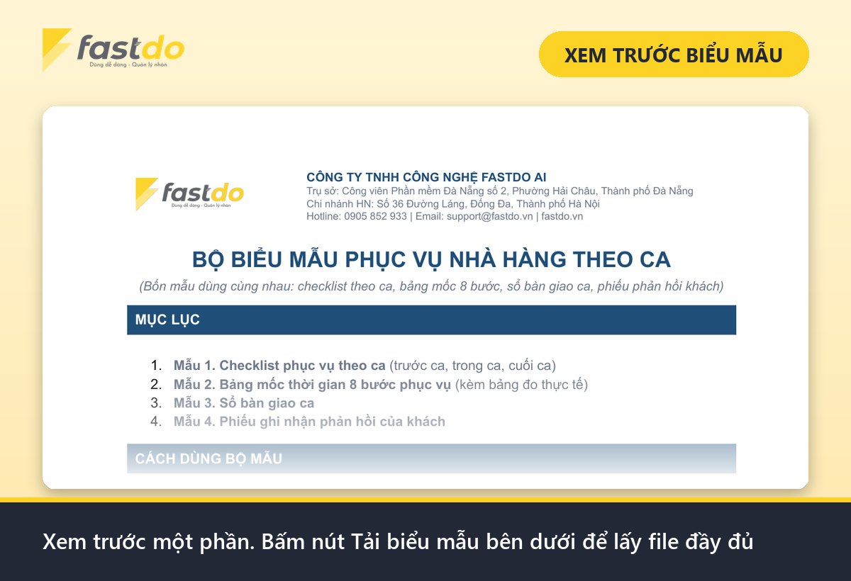quy trình phục vụ nhà hàng: xem trước bảng checklist phục vụ nhà hàng theo ca Fastdo (tải file đầy đủ ở nút bên dưới)