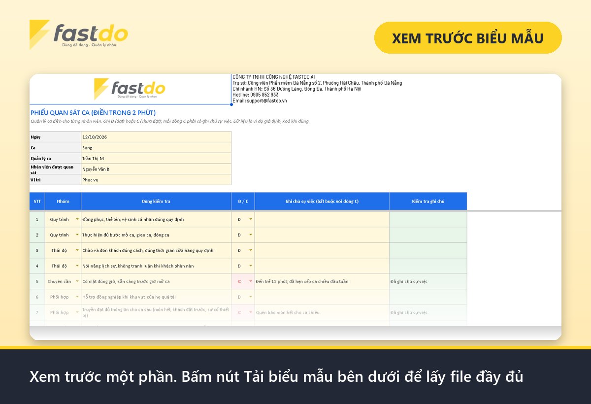 đánh giá nhân viên nhà hàng: xem trước phiếu đánh giá nhân viên Fastdo (tải file đầy đủ ở nút bên dưới)