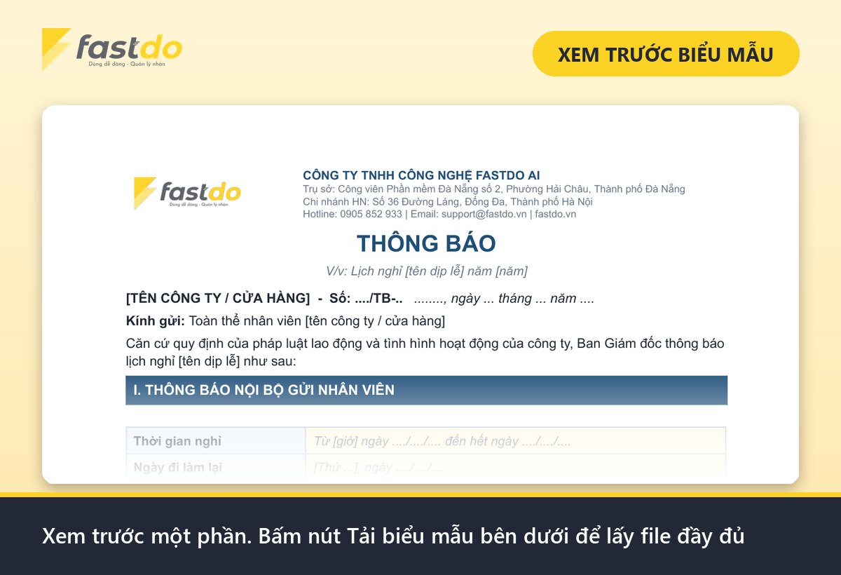 mẫu thông báo nghỉ lễ: xem trước mẫu thông báo nghỉ lễ Fastdo (tải file đầy đủ ở nút bên dưới)