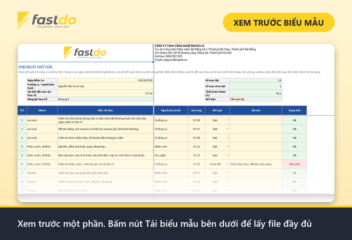 checklist mở cửa đóng cửa cửa hàng: xem trước checklist mở/đóng cửa, sổ giao ca Fastdo (tải file đầy đủ ở nút bên dưới)