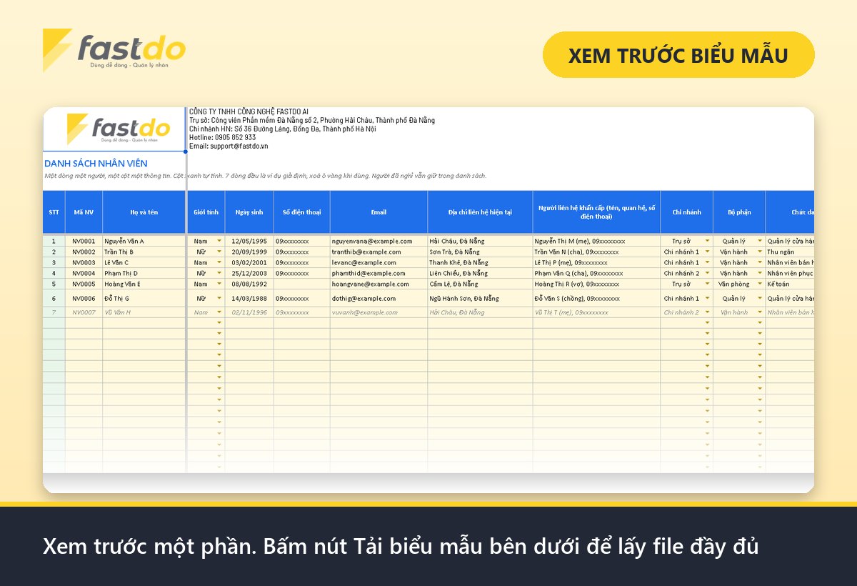 mẫu danh sách nhân viên excel: xem trước mẫu danh sách nhân viên Excel Fastdo (tải file đầy đủ ở nút bên dưới)
