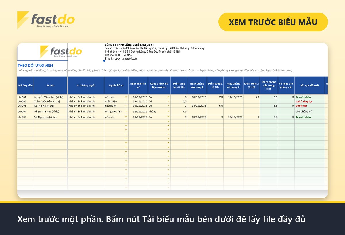 quy trình tuyển dụng: xem trước checklist tuyển dụng và bảng theo dõi ứng viên Fastdo (tải file đầy đủ ở nút bên dưới)
