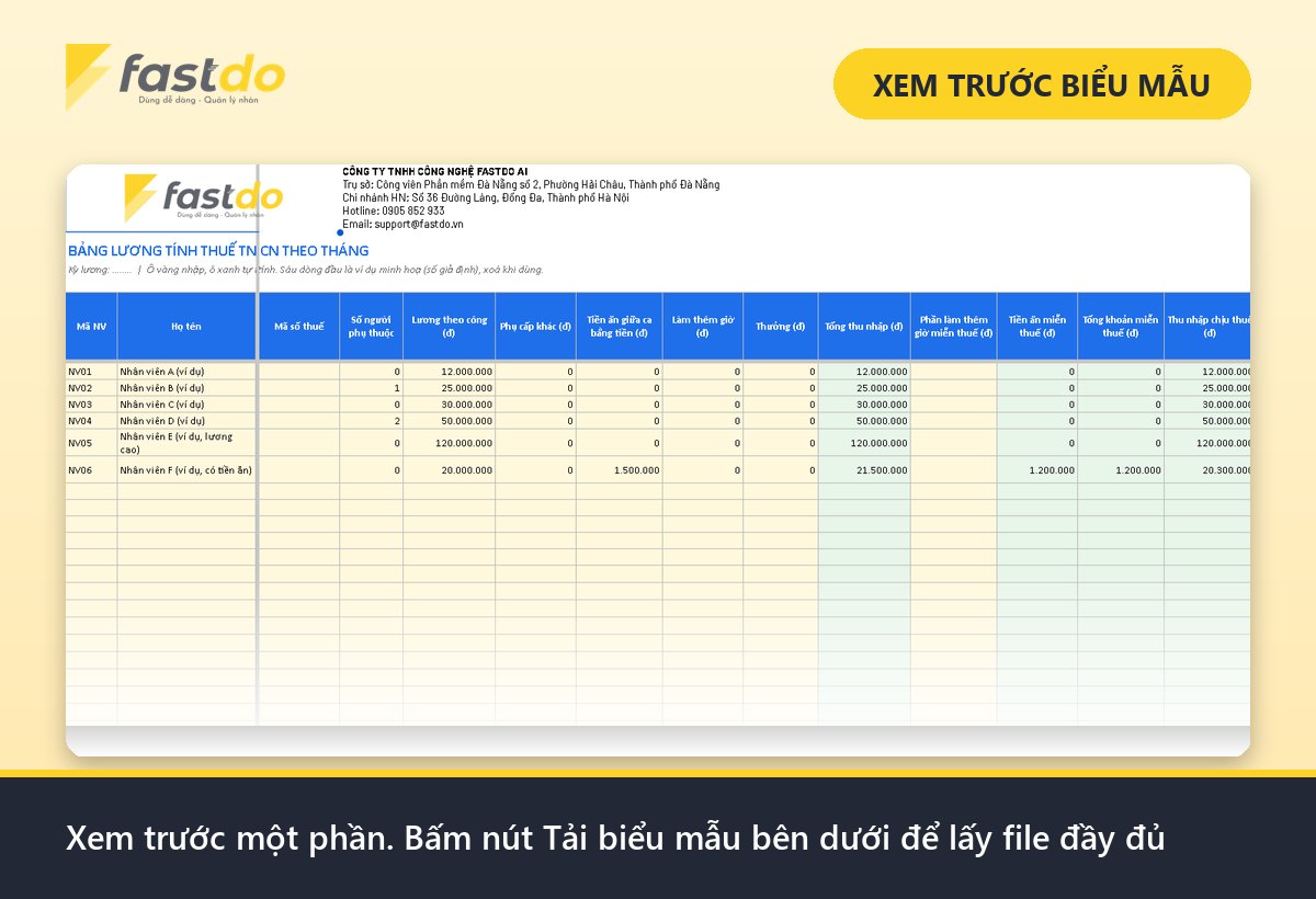 bảng lương excel tính thuế tncn: xem trước mẫu bảng lương Excel tính thuế TNCN Fastdo (tải file đầy đủ ở nút bên dưới)