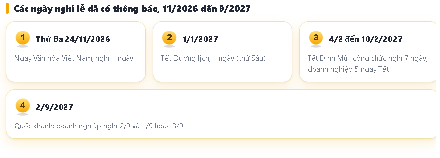 lịch nghỉ lễ năm 2026 - 2027 theo Bộ luật Lao động